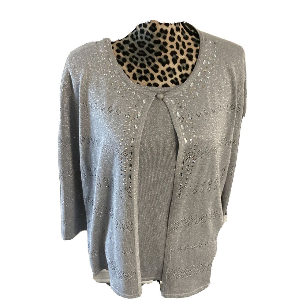 Alfred Dunner Large L Silver Embellished Cardigan w/Built In Shell Tank